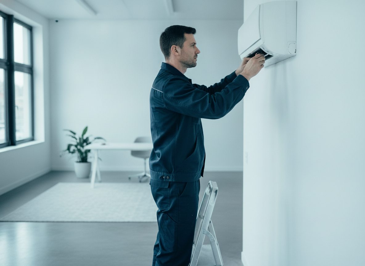 Monteur montiert eine Klimaanlage in einem Büro