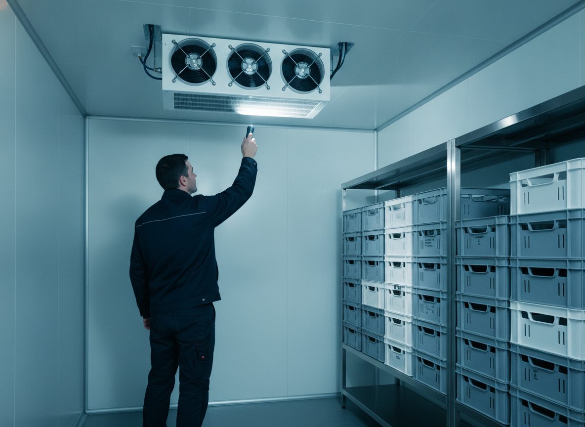 Servicemonteur prüft den Verdampfer einer Kühlzelle